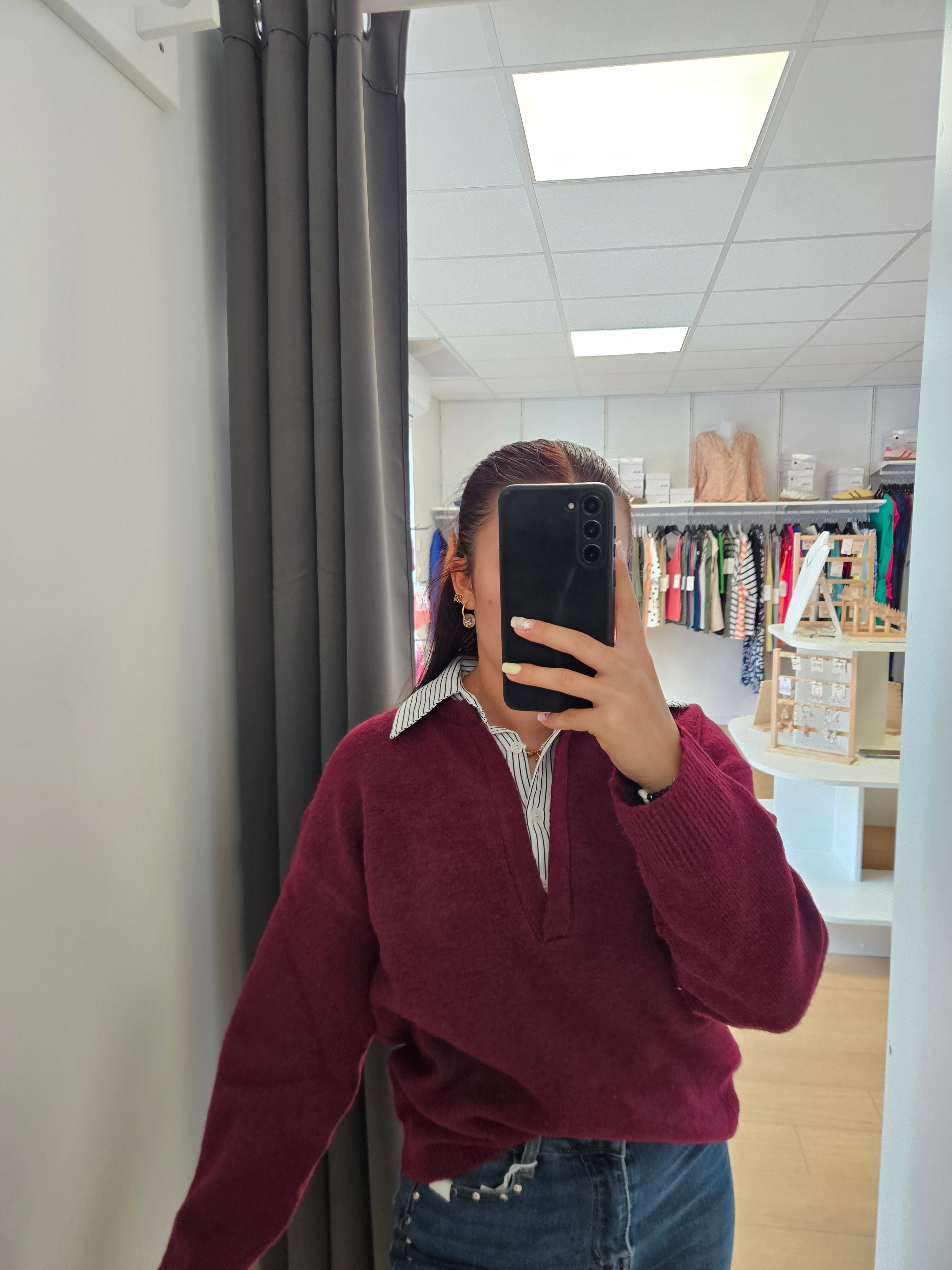 Pull col chemise bordeaux