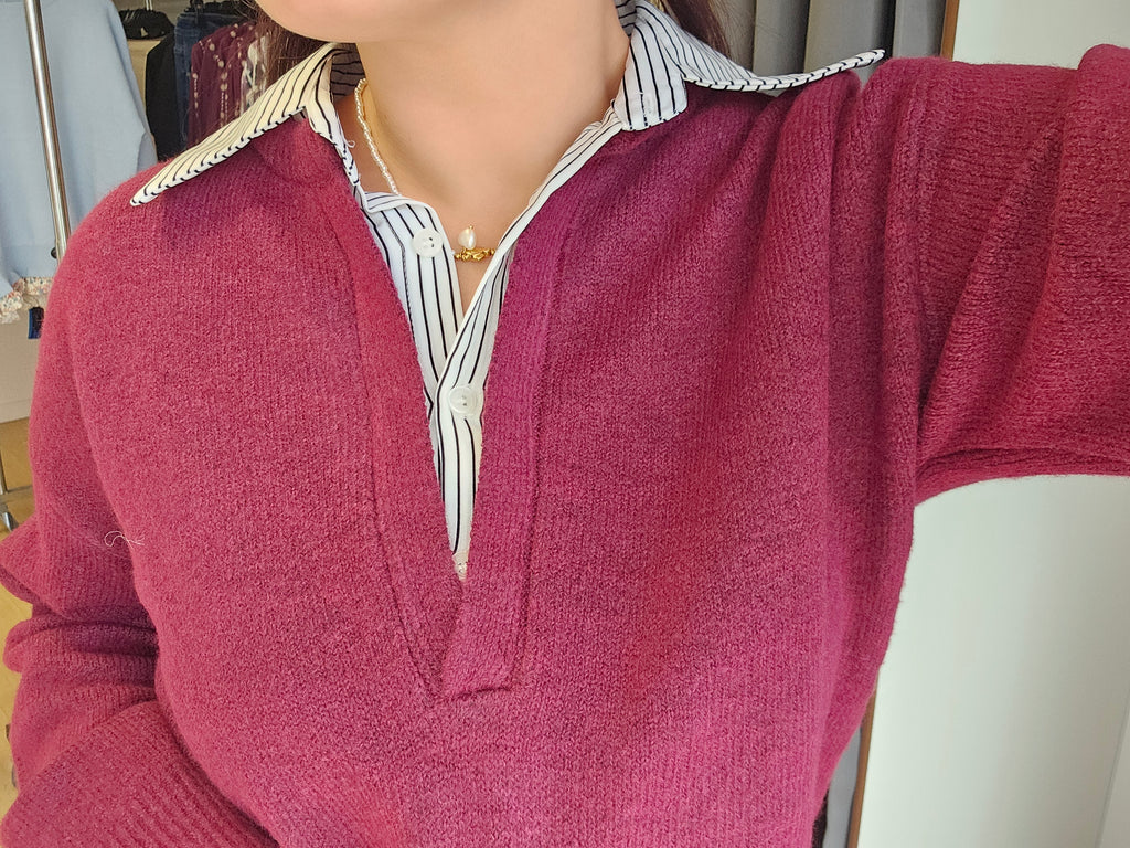 Pull col chemise bordeaux