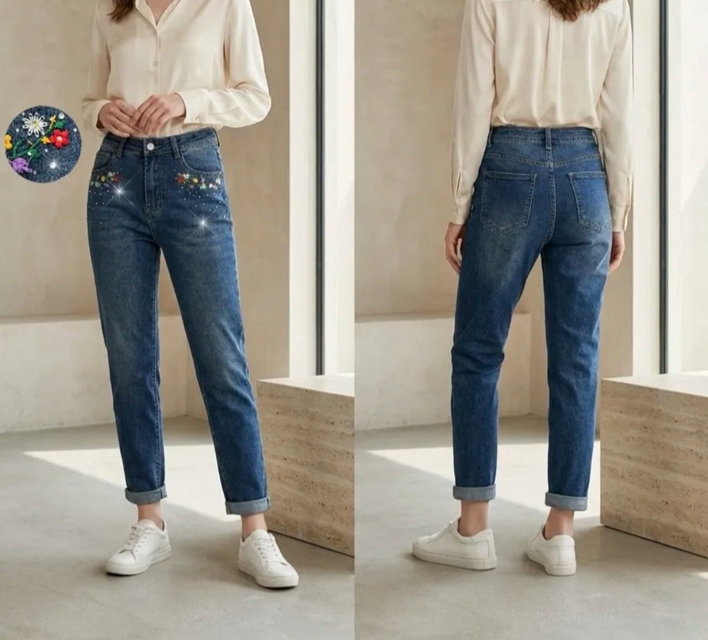 Jeans Mom broderie fleurs